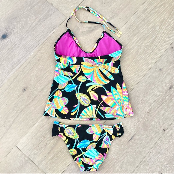 ⭐️Trina Turk⭐️Tankini Halter Set Neon Floral Paisley Black Swimsuit Swim Bikini - Picture 3 of 13